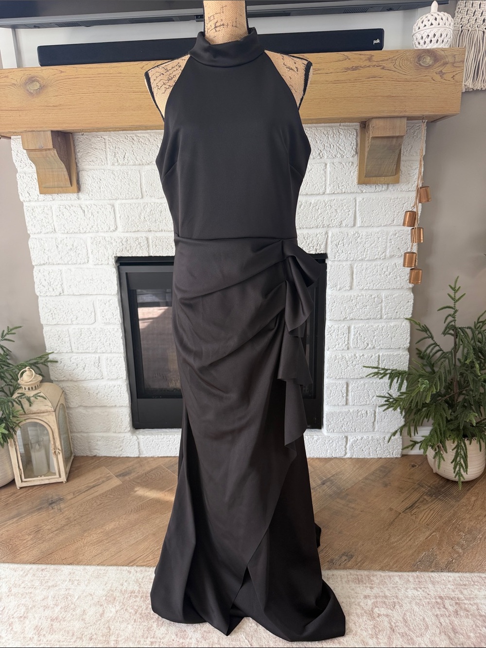 Xscape Black Halter Maxi Gown with Side Draped Bow